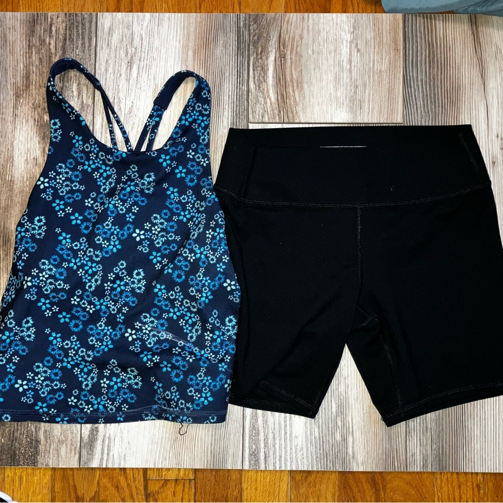 Floral Blue Tank Top and Black Shorts Set